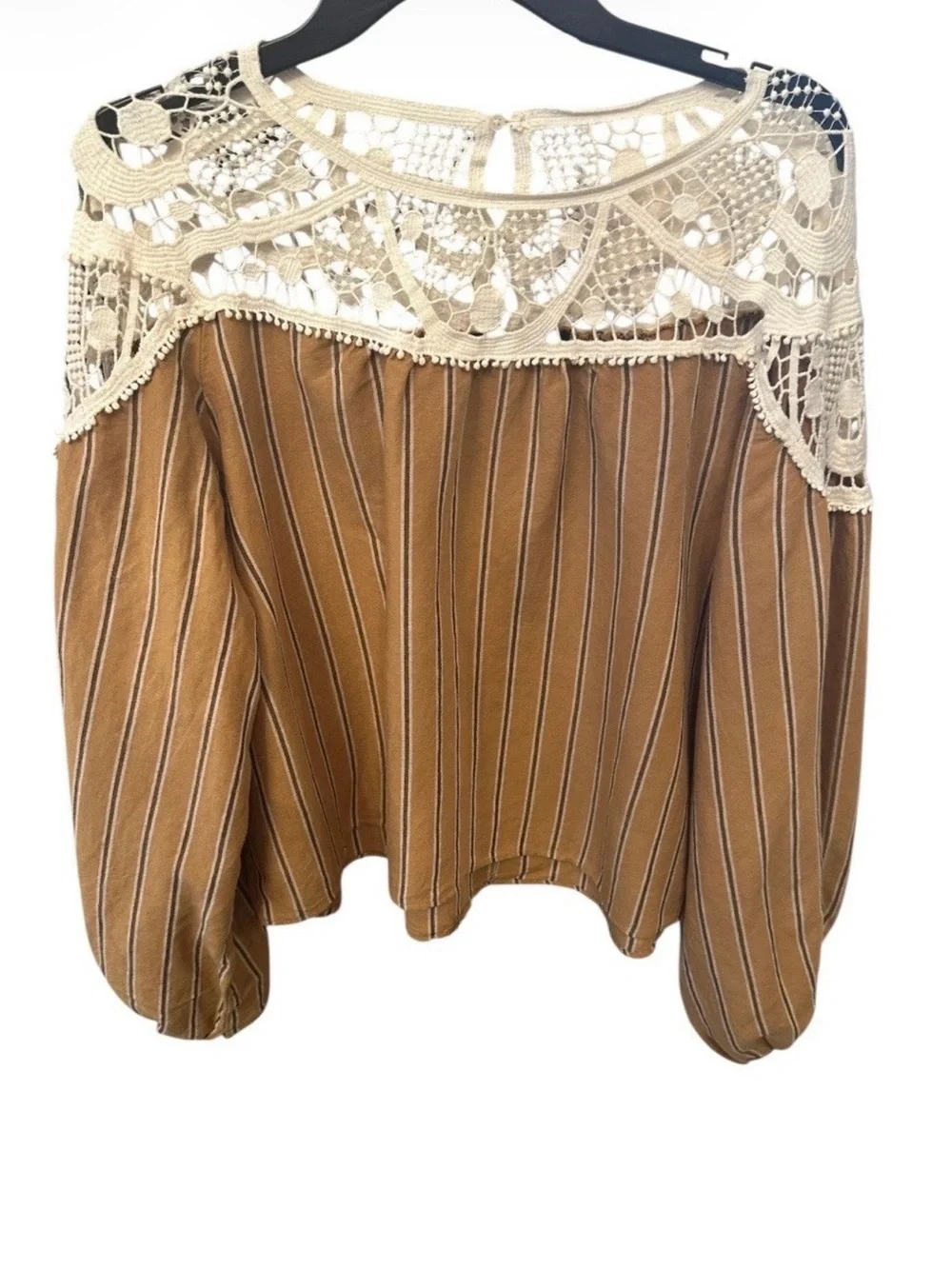 Zara Tan Pinstripe Blouse with White Crochet Yoke